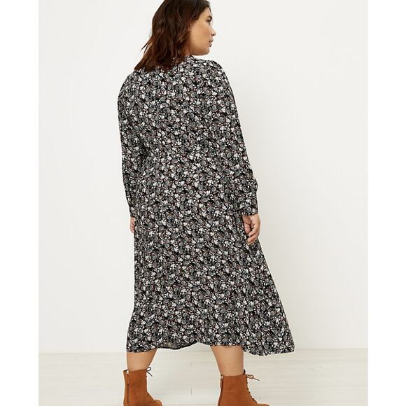 Ann Taylor LOFT Floral Midi Dress WMNS 2 Black Puff Sleeve High Neck Zip Slit LS - Picture 14 of 16
